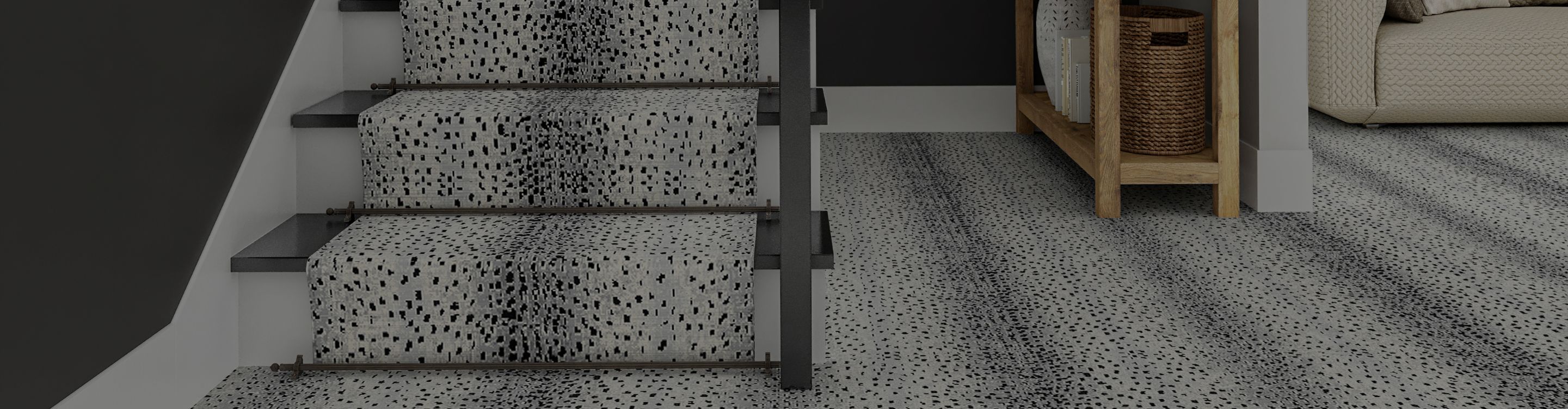 black and white patterned stair runner in a Maspeth, NY, home